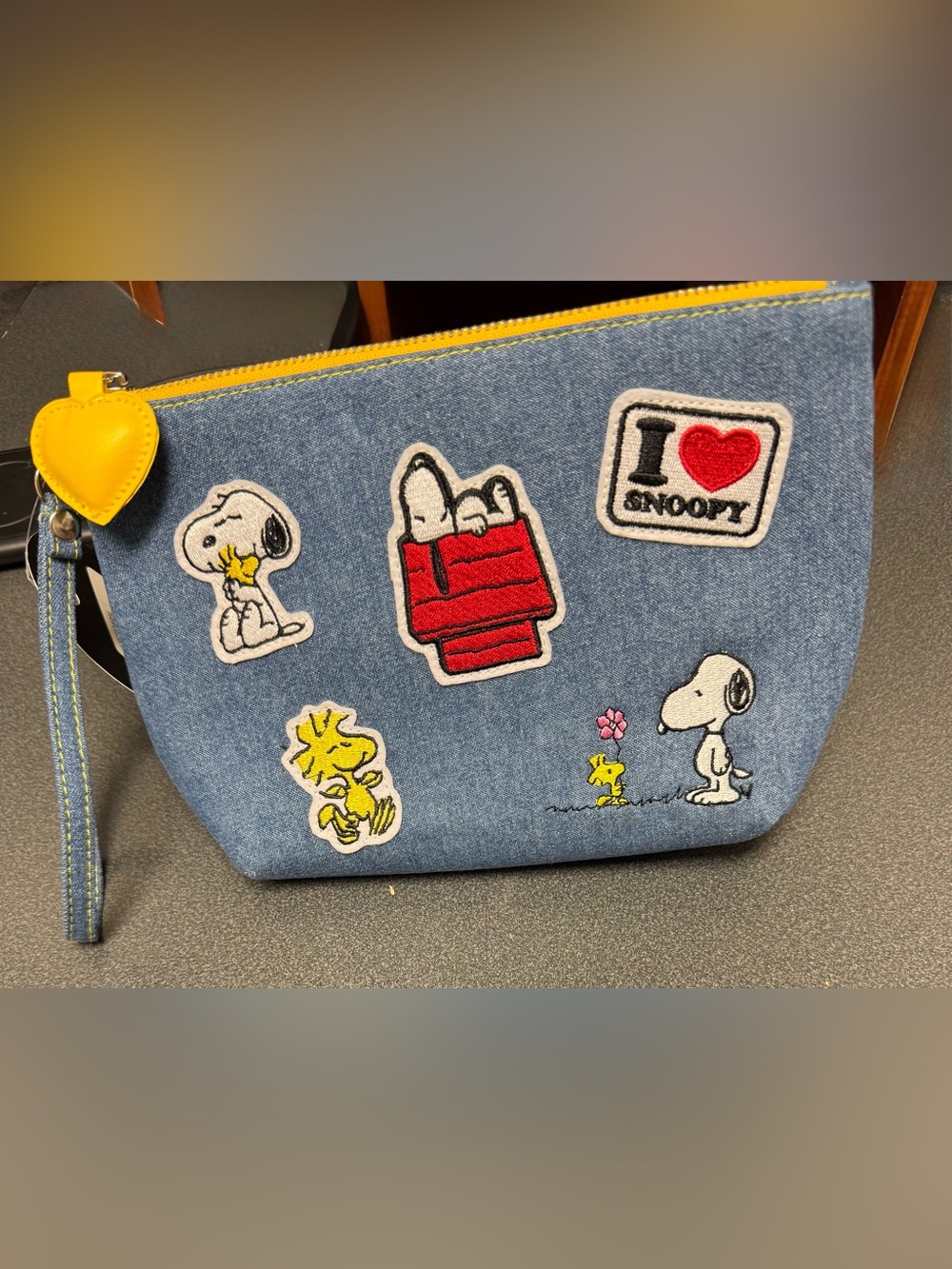 Peanuts Denim Pouch with Snoopy and Yellow Woodstock Patches *NWT